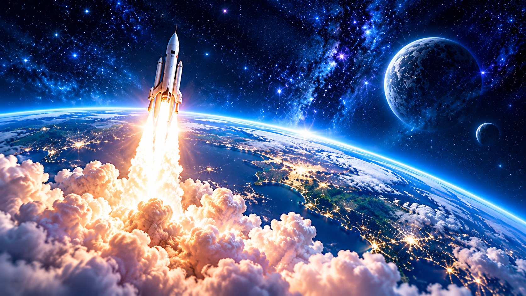 火箭從地球升空，飛向深藍宇宙