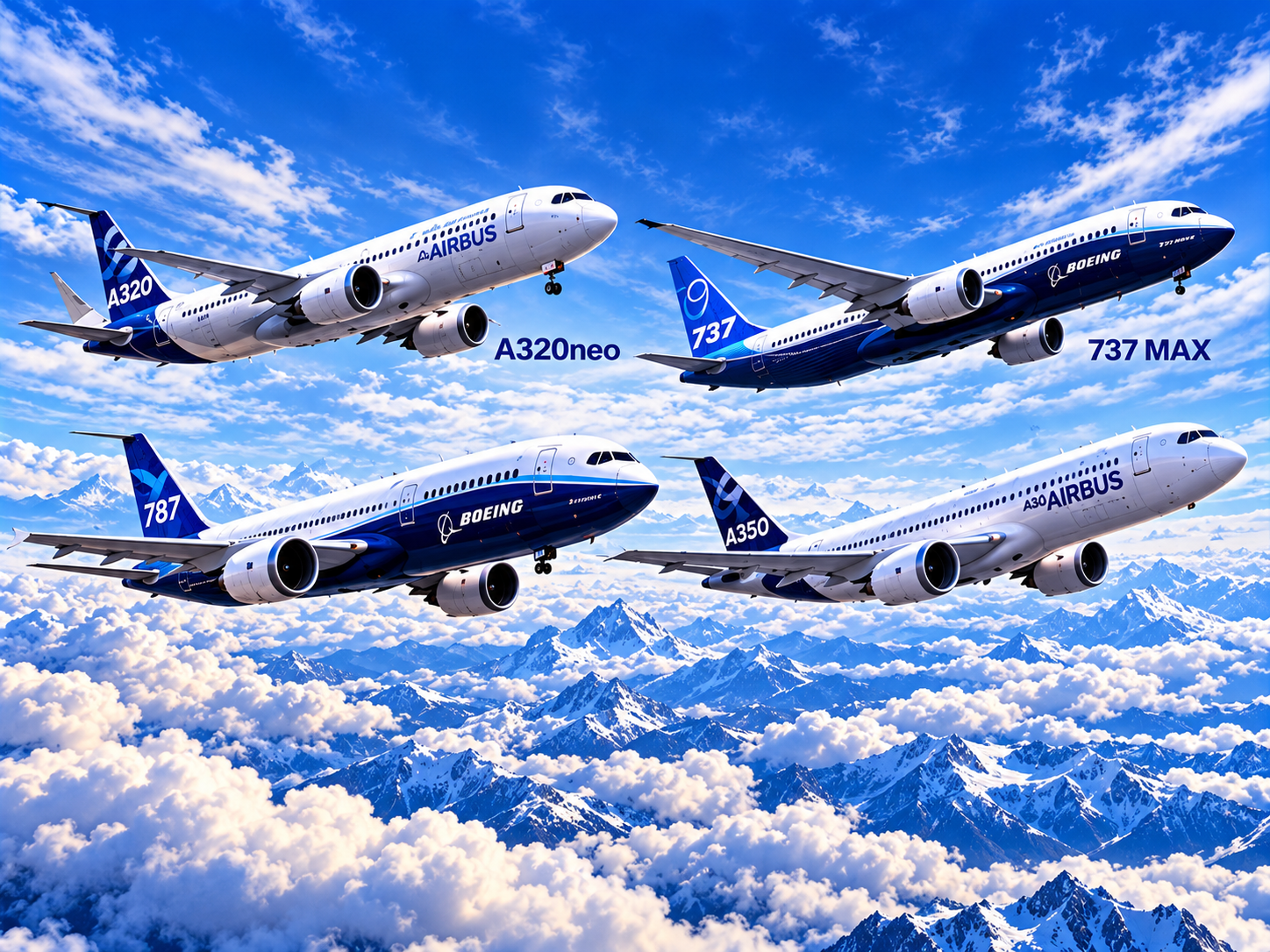 四款客機並列，圖片標示 A320neo、737 MAX、787 與 A350