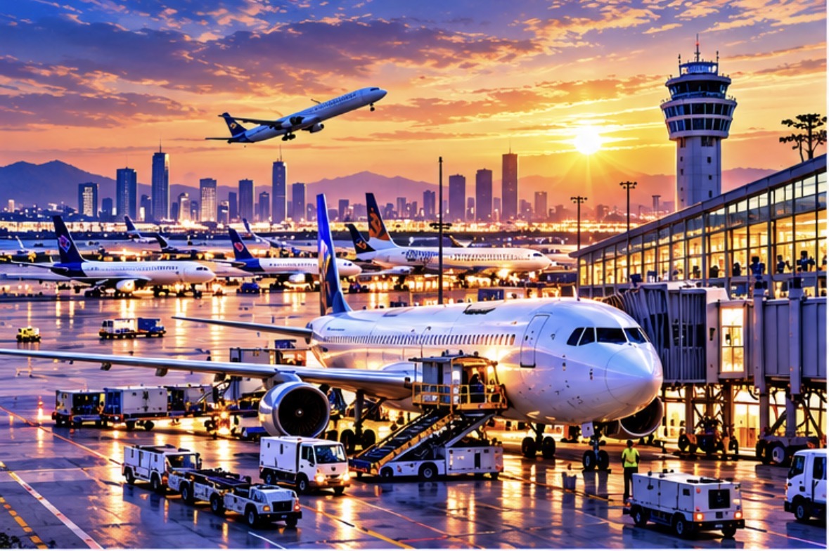 夕陽下的國際機場、客機、航廈與塔台