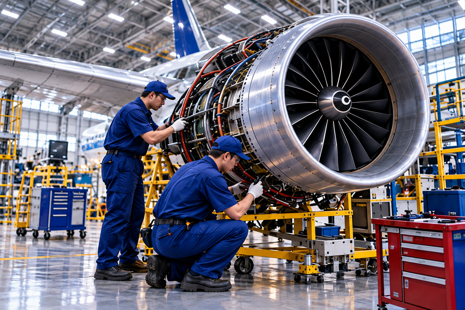 兩位穿藍色工作服的航空維修技師在機棚內檢修大型噴射引擎