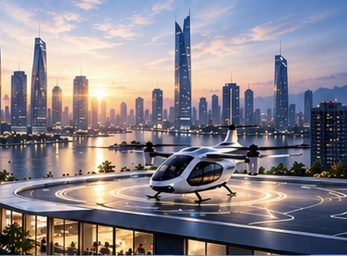 未來城市天際線與屋頂起降場上的 eVTOL 航空器