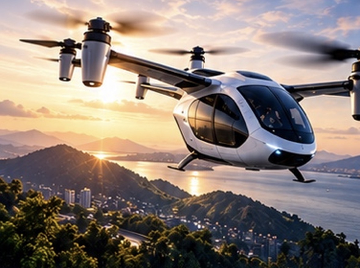 夕陽下飛越海岸山脈的白色 eVTOL 航空器