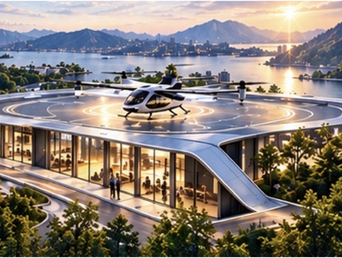 俯瞰海灣的現代屋頂起降場及 eVTOL 航空器