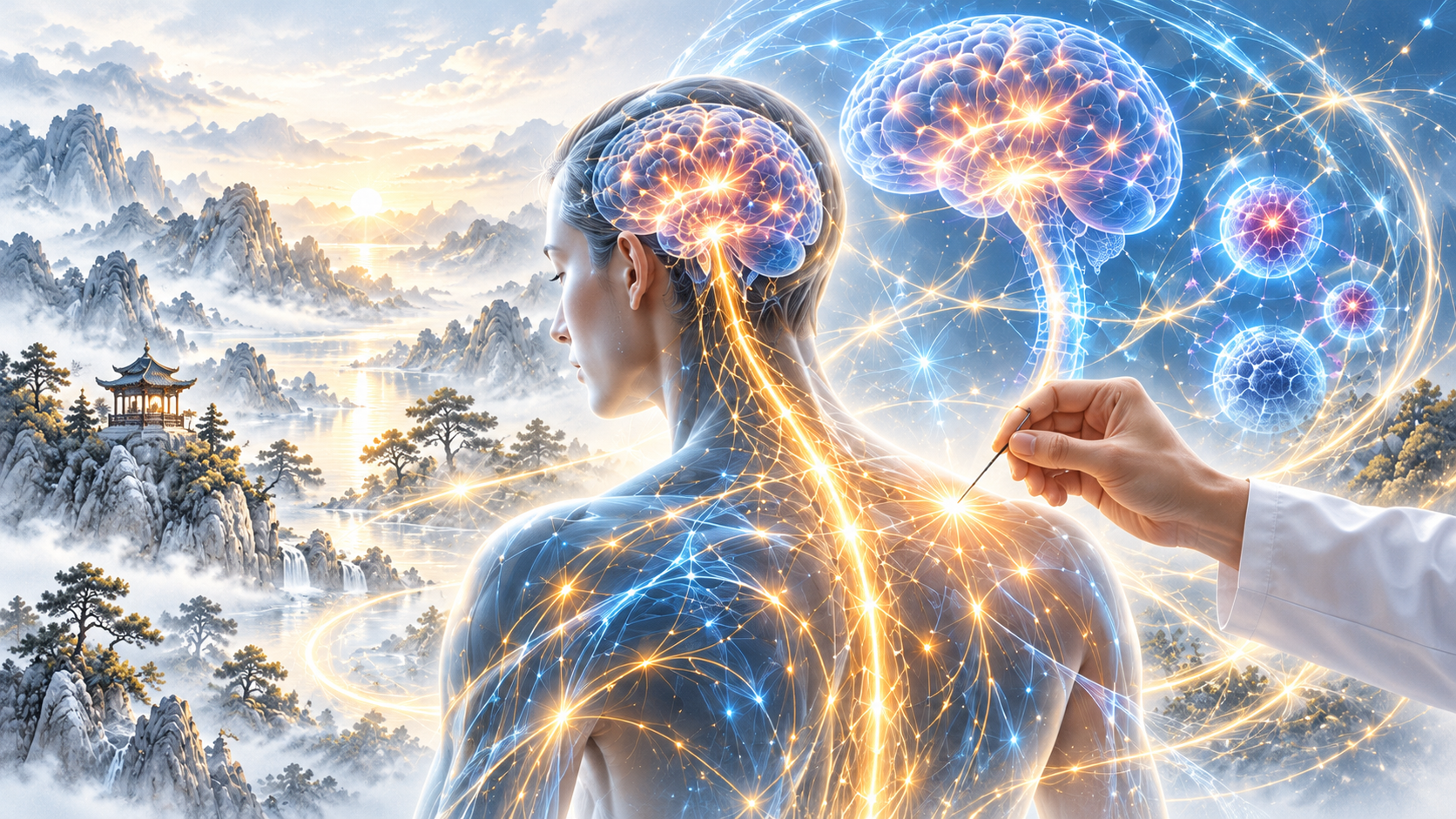 經絡刺激與神經科學：人體自我調節的可能機制示意圖