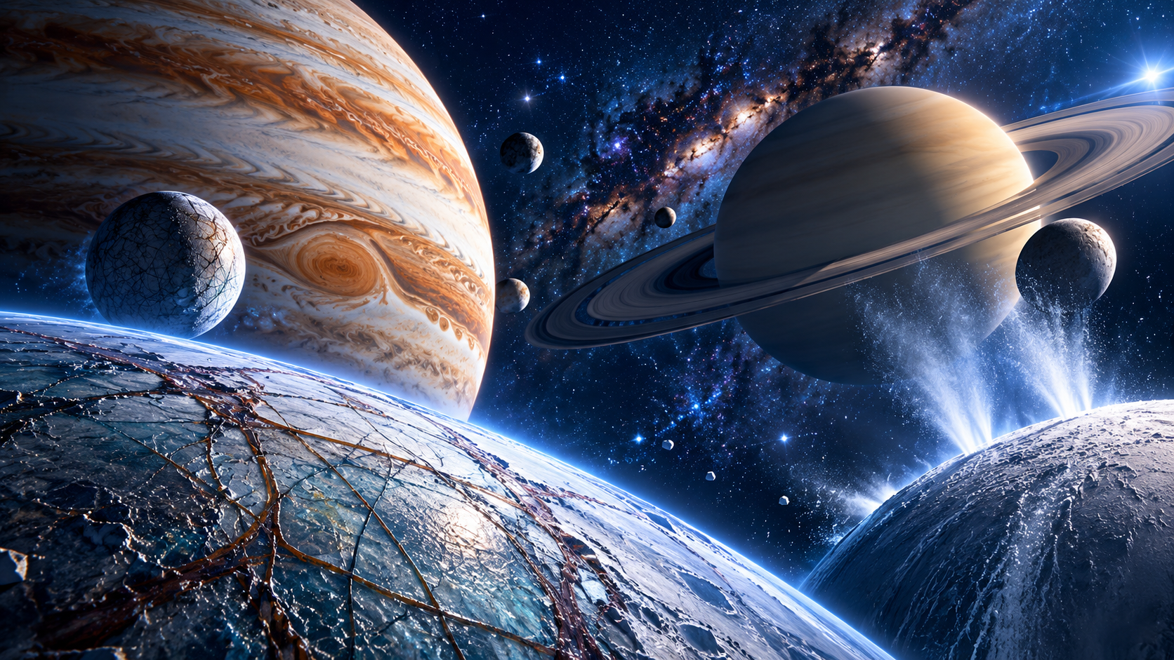 木星、帶環土星與多顆冰衛星，前景呈現冰殼裂隙的創意示意。