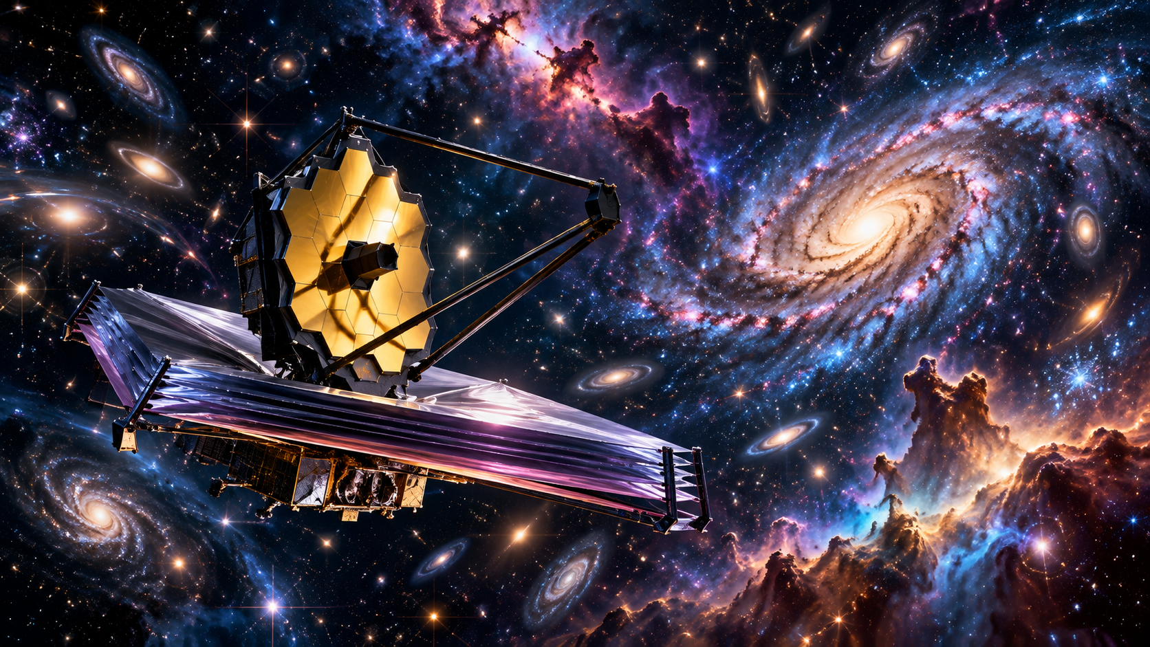 金色六角鏡面與多層遮陽板的太空望遠鏡，背景為星系與星雲的創意示意。