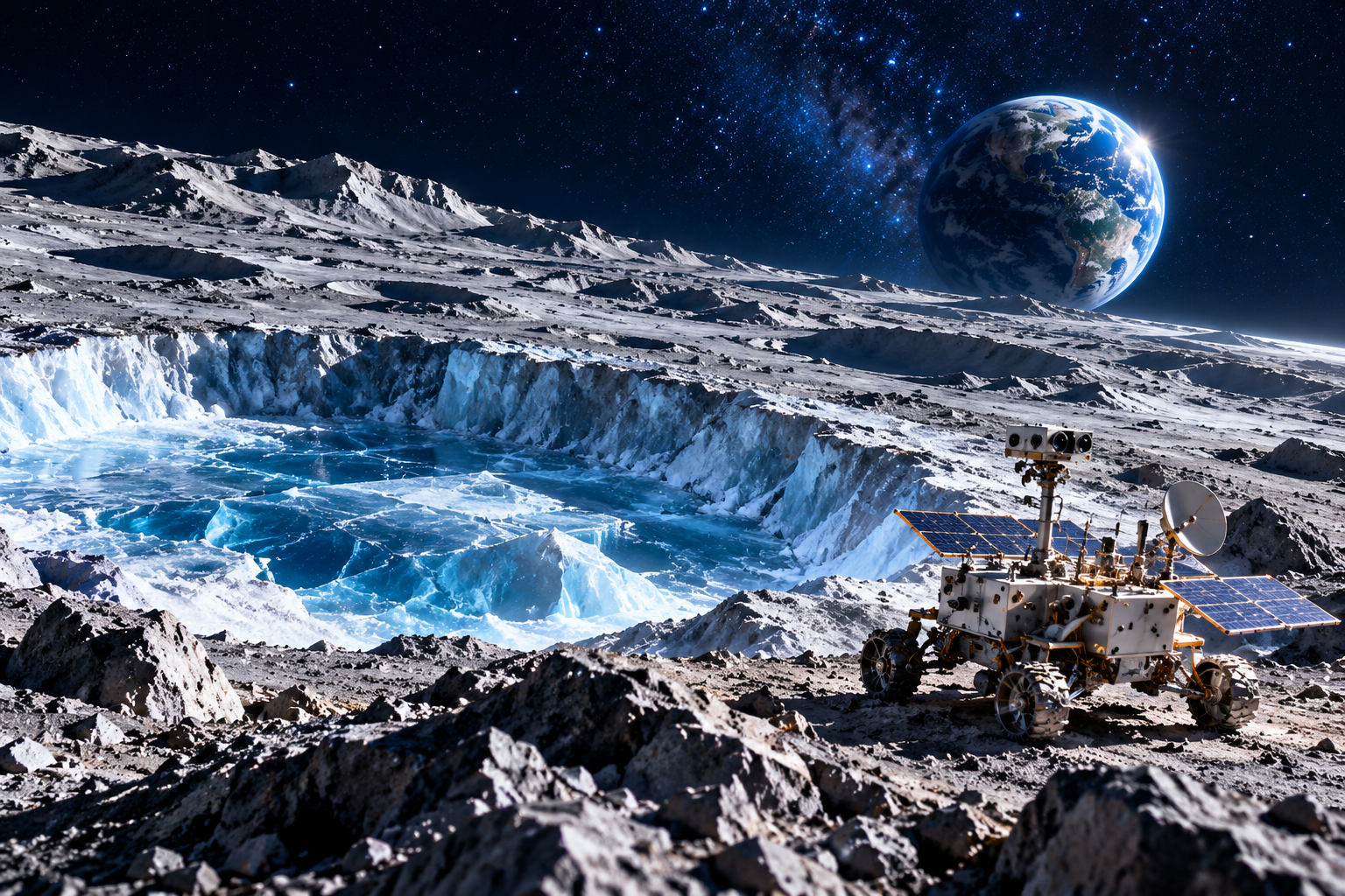 月球極地冰區與探測車的概念示意圖，並非實際冰層照片 / Concept illustration of lunar polar ice and a rover, not a photograph of observed deposits
