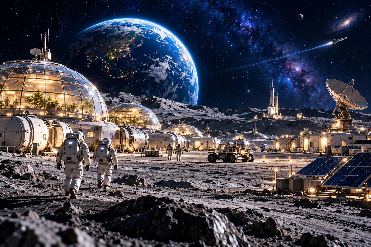 月球居住艙與科研基地的未來概念示意圖，並非現存設施 / Future lunar habitat concept, not existing infrastructure