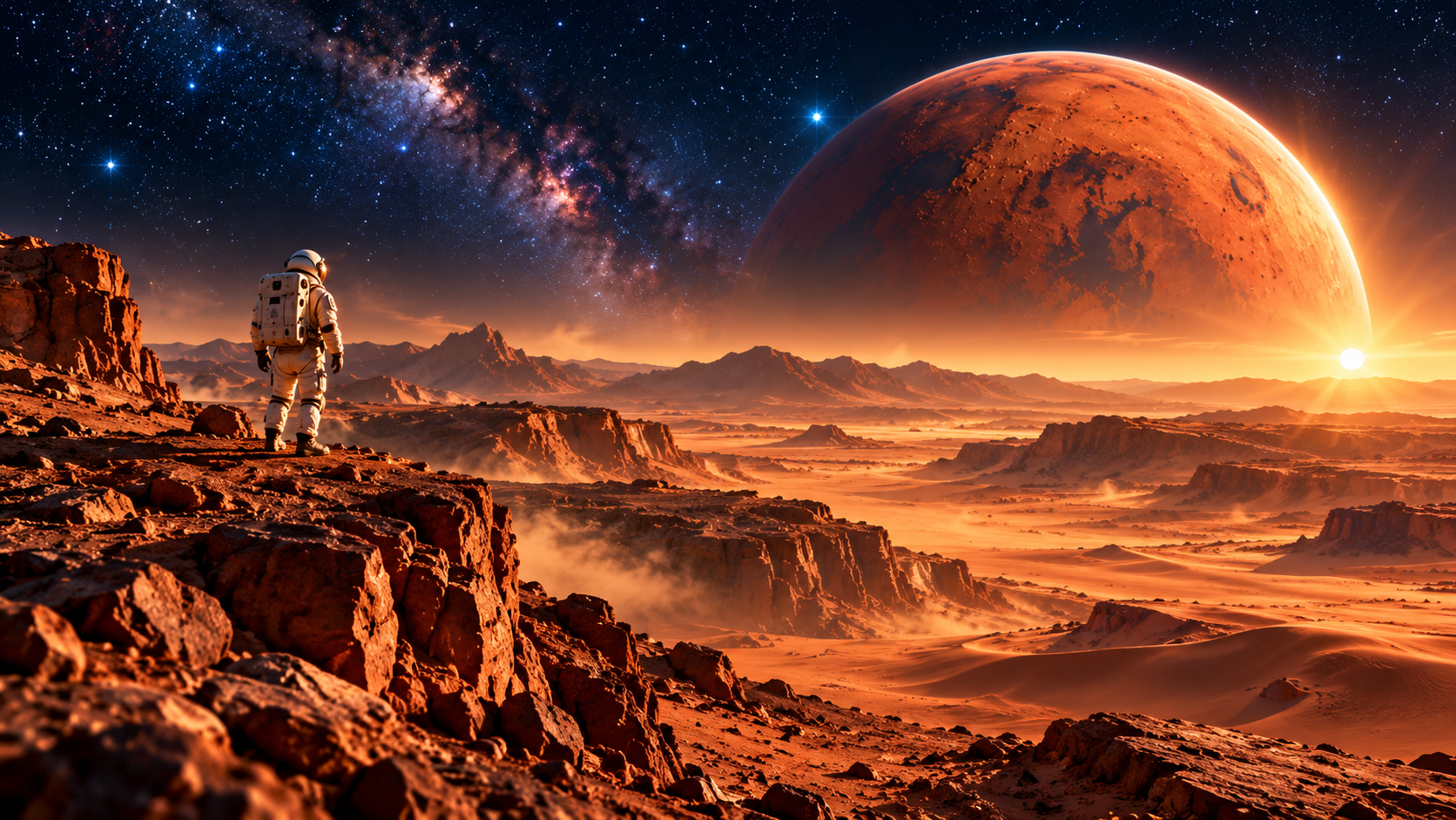單名太空人站在紅橙色岩地，遠方可見巨大行星與遼闊天空。