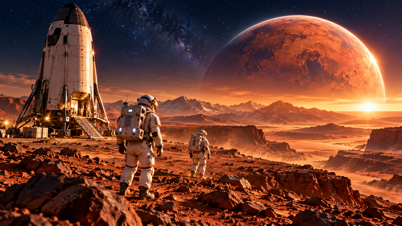 高大的登陸飛船與兩名太空人，背景是火星山地與行星。