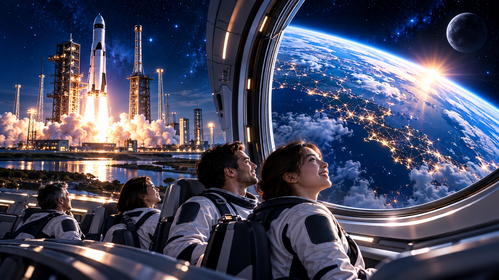 火箭發射與旅客在太空艙內欣賞地球的情境示意圖 / Illustration of a launch and passengers viewing Earth from a spacecraft