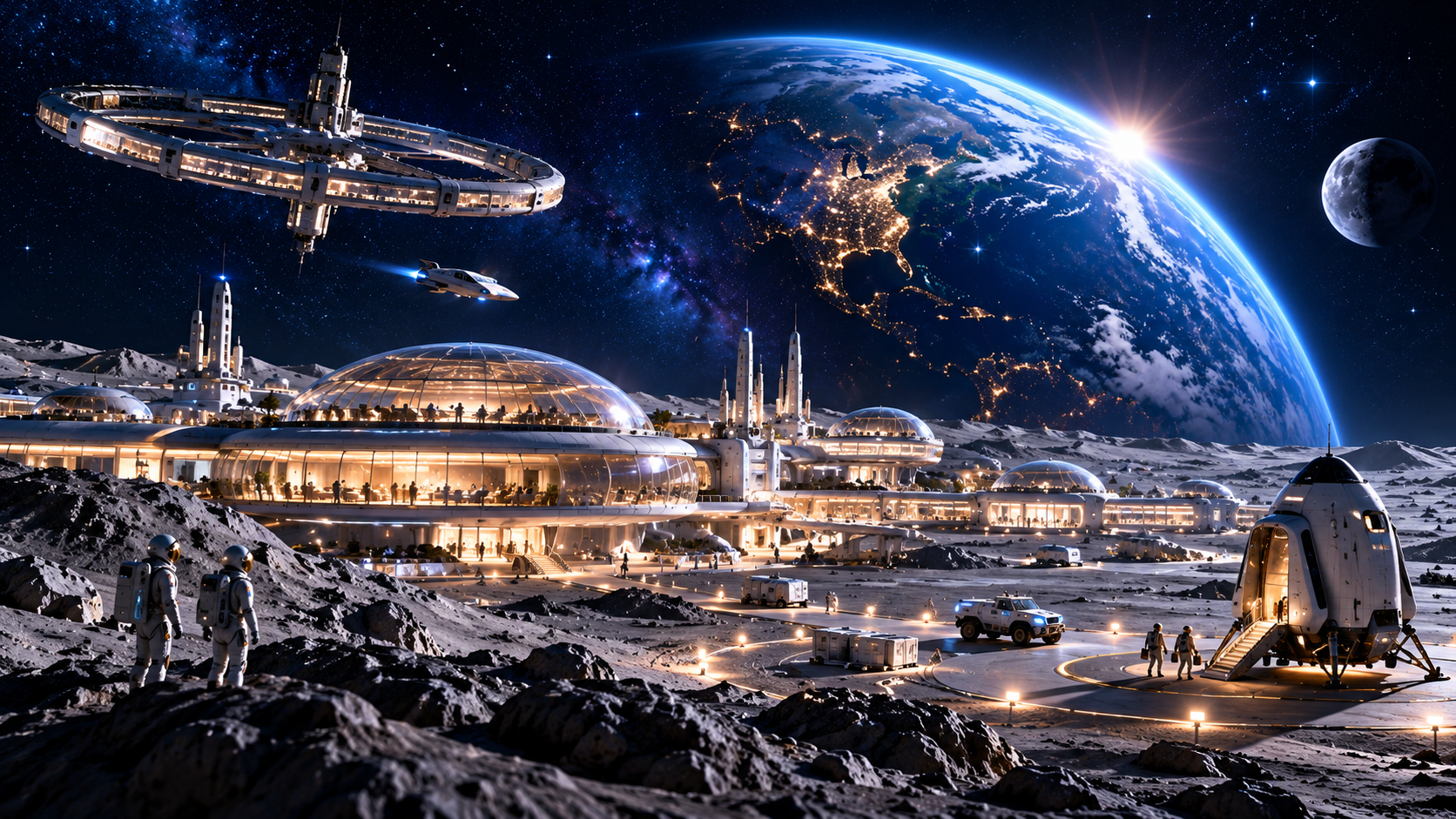 月球基地、軌道太空設施與地球的未來構想示意圖 / Concept illustration of a lunar base and orbital facilities