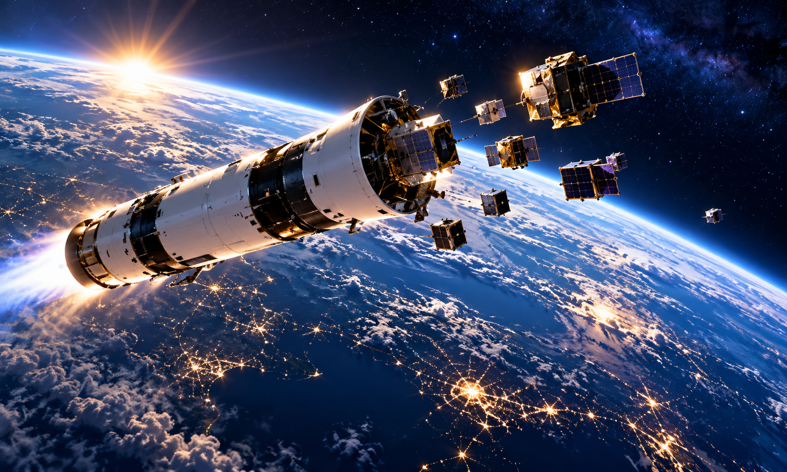 地球曲率與日出上方的太空載具及多顆部署中的小衛星，背景為星空。