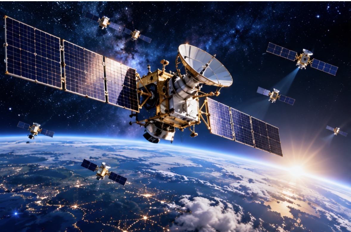 地球上空具有大型天線與太陽能板的通訊衛星，周圍有多顆小型衛星示意圖
