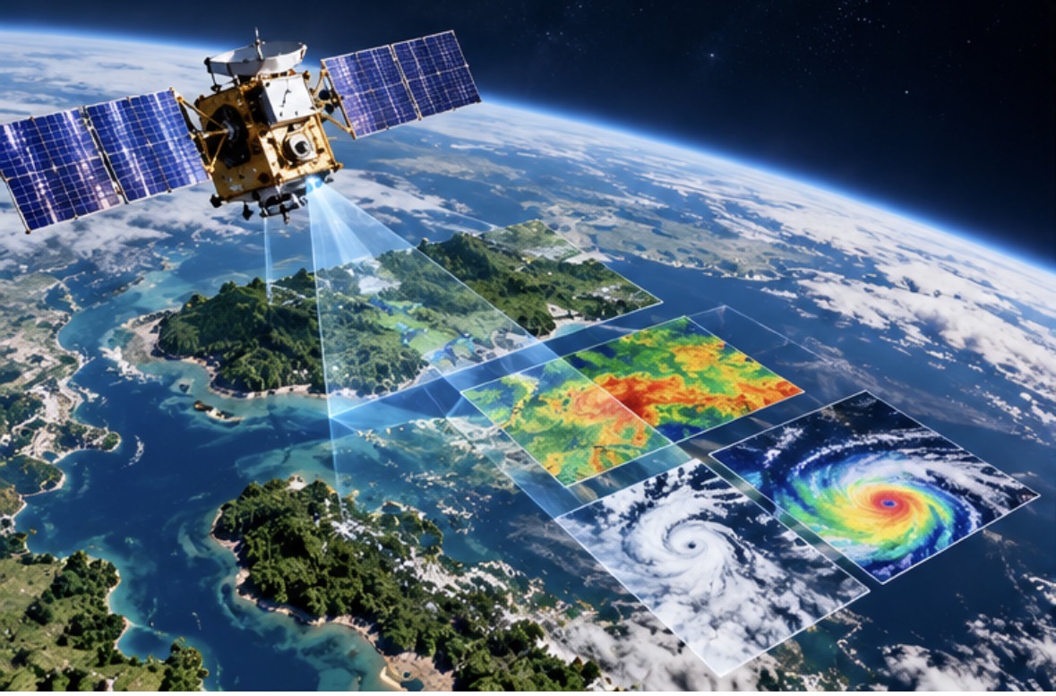 地球觀測衛星掃描地表，呈現農業、環境與氣象資料圖層的示意圖