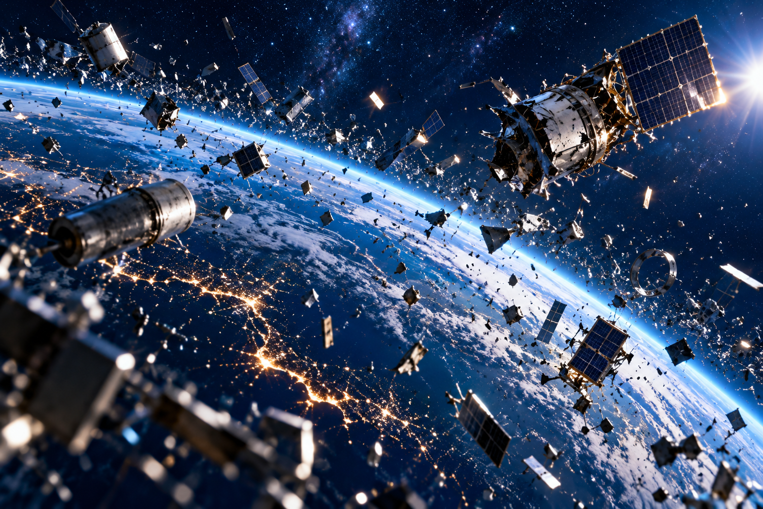 地球軌道上退役衛星、廢棄火箭與大量碎片的示意圖