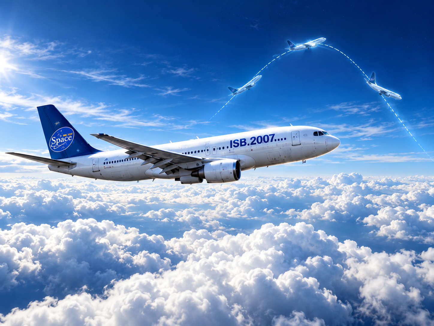 雲層上方飛機與拋物線飛行軌跡示意圖